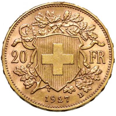 スイス　1927年B　　20フラン金貨　アルプスと少女　ブレネリ　ヘルベティア