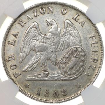 チリ　1858年SO特年 1ペソ　銀貨　NGC AU53　希少発行51000枚