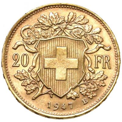 スイス　1947年B　20フラン金貨　アルプスと少女　ブレネリ　ヘルベティア　　ベルンミント
