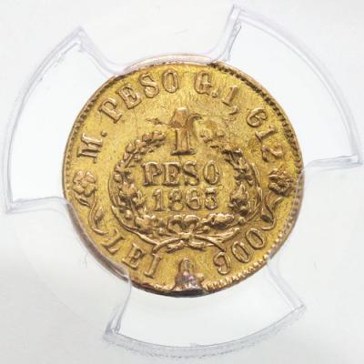 コロンビア　1863年M　1ペソ 金貨　メデジンミント　PCGS鑑定　AU