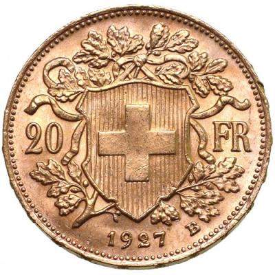 スイス　1927年B　アルプスと少女　ブレネリ　ヘルベティア　20フラン金貨　ベルンミント　AU〜UNC　準未使用〜未使用