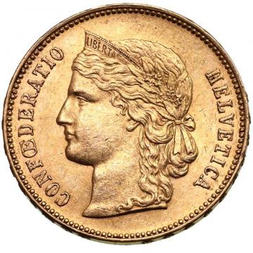 スイス　1895年B　ヘルヴェティア　20フラン金貨　ベルンミント　AU〜UNC　準未使用〜未使用