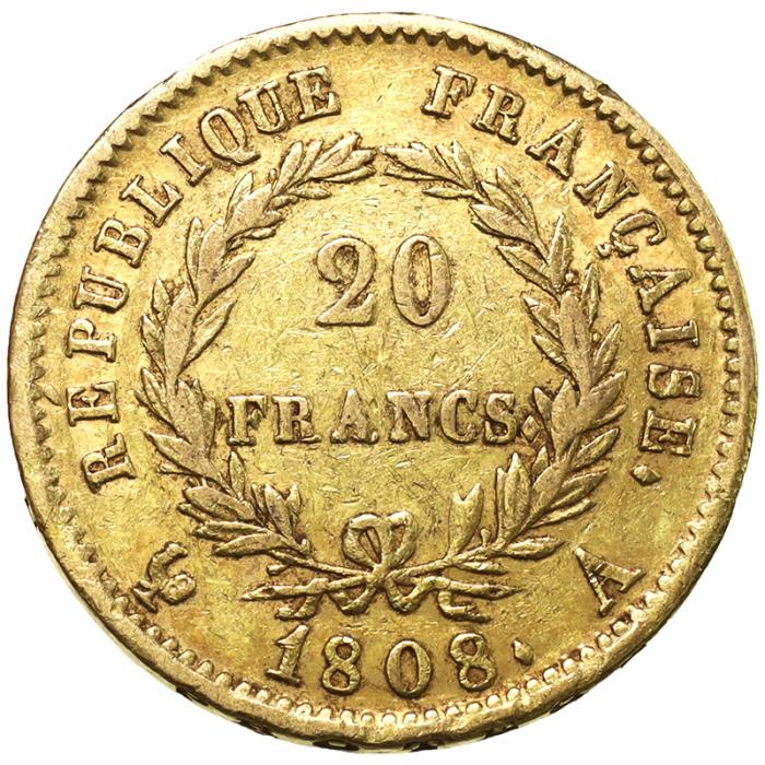 フランス 1808A ナポレオン Napoleon 20フラン 金貨 パリミント VF 美品【アンティークコイン・金貨・銀貨の販売・買取 ルナコイン】