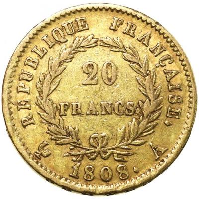 フランス　1808A　ナポレオン Napoleon　20フラン　金貨　パリミント　VF　美品