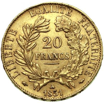 フランス　1851A　セレス女神　Ceres　20フラン　金貨　パリミント　EF　極美品