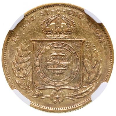 ブラジル　1867年　10000レイス金貨　ペドロ2世　NGC　AU55