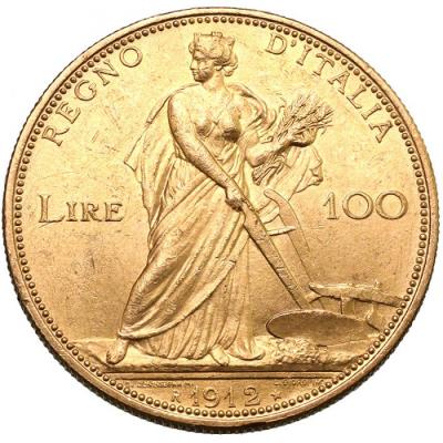 イタリア　1912年R　100リレ 金貨　豊穣の女神　ヴィットリオ・エマヌエーレ3世　ローマミント　人気レア