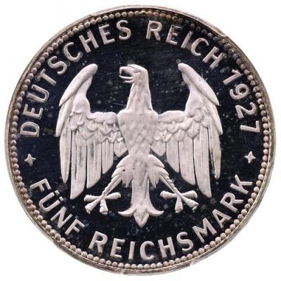 ドイツ 1927年F 　5ライヒマルク　プルーフ銀貨 テュービンゲン大学450周年記念　ワイマール銀貨シリーズ　PCGS PR63+DCAM