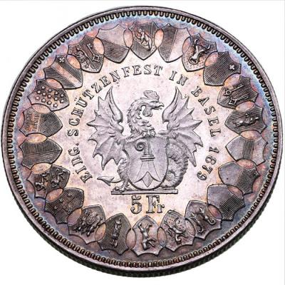 スイス 1879年銘 5フランケン 記念 大型 銀貨 バーゼル 射撃祭シリーズ　トーン
