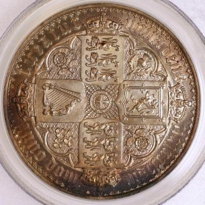 イギリス1847年ビクトリアヴィクトリア　ゴチックゴシッククラウン銀貨PR63Cameo　Undecimo on edge　PCGS