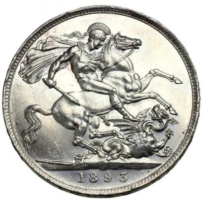 イギリス　1893年クラウン銀貨　ヴィクトリア ビクトリア Victoria　ヴェールドヘッド　UNC