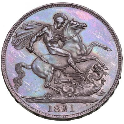 イギリス　1821年　クラウン銀貨　ジョージ4世 　Secundo on edge　妖艶遊色レインボートーン　NGC MS61