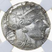 古代ギリシャ　アッテカ アテネ　テトラドラクマ銀貨　フクロウ　BC440-404　NGC AU