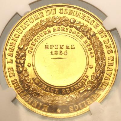 フランス　1864年銘　ナポレオン三世　金メダル　NGC　MS63　重厚ハイレリーフ