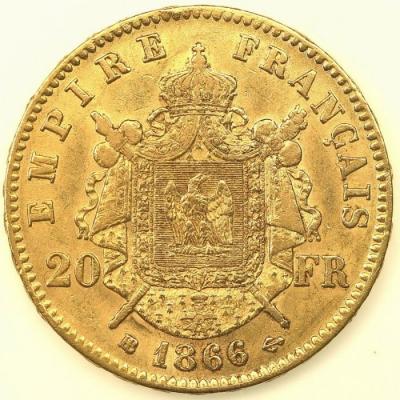 フランス　1866BB　ナポレオン3世　有冠　金貨　　20フラン　ストラスブルーミント