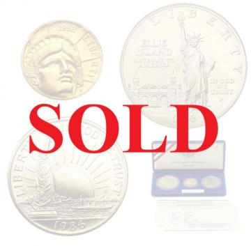 アメリカ　1986年　自由の女神100周年　プルーフ金貨・銀貨　3枚セット　ケース付3枚セット　