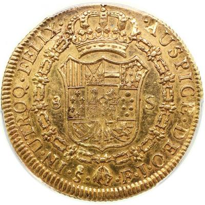 スペイン領チリ　1816年So-FJ　サンティアゴ　フェルナンド7世　カルロス4世　8エスクード金貨　PCGS　AU55