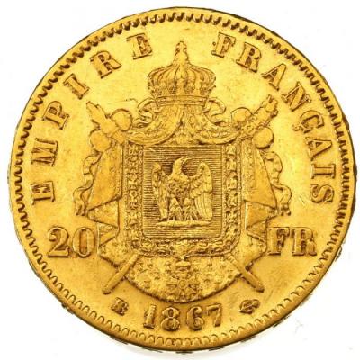フランス帝国 1867年BB ナポレオン3世 有冠 20フラン金貨