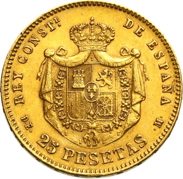 【値下げしました】スペイン 1877年 25ペセタ 金貨 アルフォンソ12世 Six-pointed ミントマーク