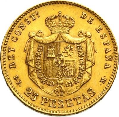 【値下げしました】スペイン　1877年　25ペセタ　金貨  アルフォンソ12世　Six-pointed　ミントマーク