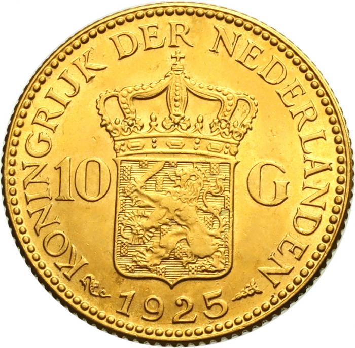 オランダ 1925年 10グルデン 金貨 ウィルヘルミナ女王【アンティーク