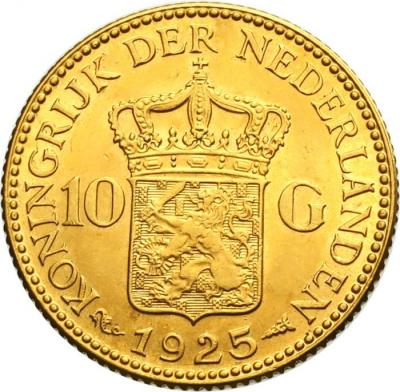 オランダ　1925年　10グルデン　金貨 ウィルヘルミナ女王