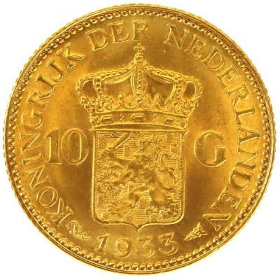 オランダ　1933年　10ギルダー　　ウィルヘルミナ女王　金貨