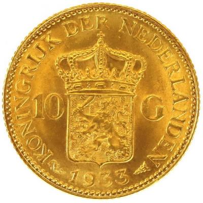 オランダ　1933年　10ギルダー　　ウィルヘルミナ女王　金貨