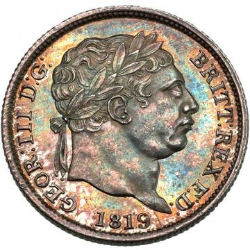 イギリス　GREAT BRITAIN　英国　1819年　シリング銀貨　ジョージ3世　グリーン・レッドトーン