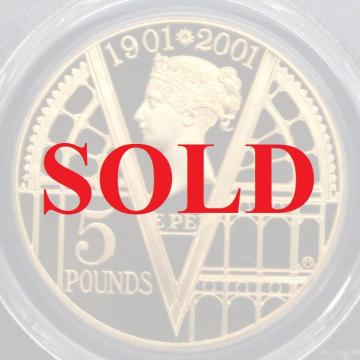 おかげさまでルナコイン8周年　値下げしました;　イギリス　2001年　5ポンド　エリザベス金貨　ビクトリア崩御100年　PCGS PR69DCAM