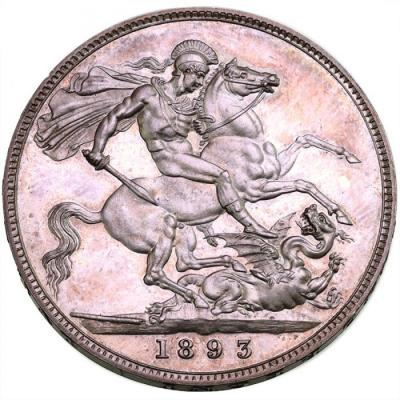 イギリス　1893年プルーフクラウン銀貨　ヴィクトリア ビクトリア Victoria　ヴェールドヘッド　トーン　UNC