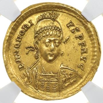 古代西ローマ帝国 AD393-423年 ソリデュス(ソリダス) 金貨 ホノリウス コンスタンティンノープルミントCONOB　NGC AU3/5　2/5