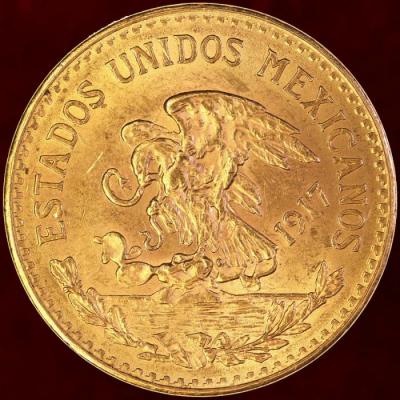 メキシコ　1917年銘オリジナル年号　20ペソ金貨　神秘のパワーアステカカレンダー　