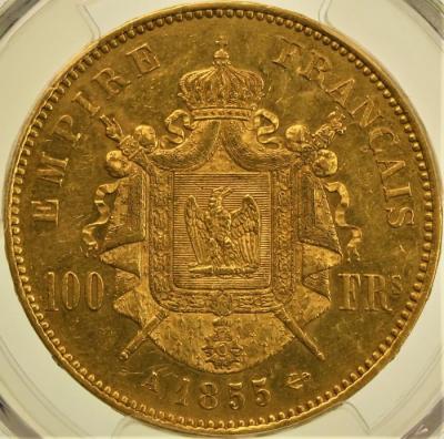フランス　1855A　100フラン大型金貨　ナポレオン三世　無冠　PCGSAU53