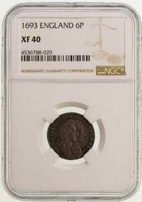 イギリス　1693　ウィリアム&メアリー　6ペンス銀貨　NGC