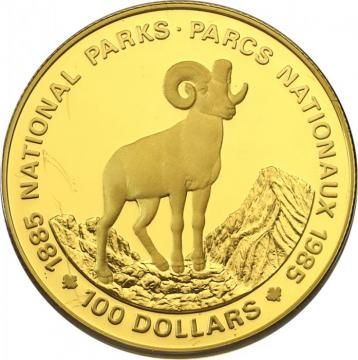 カナダ　1985年　100ドル　　エリザベス2世　羊　国立公園100周年記念　プルーフ金貨　ケース付