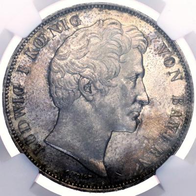 ドイツ 1837年バイエルン　ババリア　2ターラー大型　銀貨　南部ドイツ貨幣同盟記念　NGC　AU58　レアトーン　レインボー