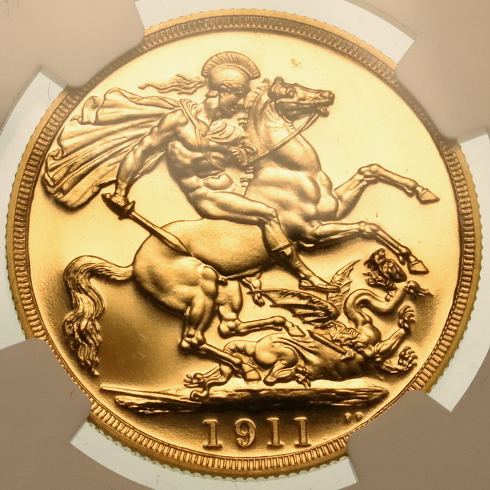 イギリス　1911年　ジョージ5世　2ポンド　プルーフ金貨　NGC　PF64CAMEO