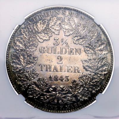 ドイツ 1843年フランクフルト　　2ターラー(3.5グルデン)　大型　銀貨　都市景観　NGC　ライジング・サン　トーン