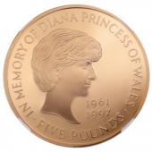 イギリス1999年　エリザベス5ポンドプルーフ金貨　ダイアナ追悼　NGC　PF69UCAM