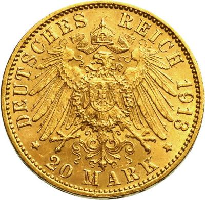 ドイツ　ハンブルク　ハンブルグ　1913年　20マルク　金貨　ライオン紋章　パワーコイン