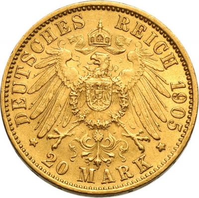 ドイツ 1905年F  ヴュルテンベルク　20マルク 金貨　ヴィルヘルム2世　