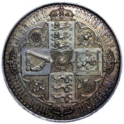 イギリス1847年ビクトリアヴィクトリア　ゴチックゴシッククラウン銀貨　Undecimo on edge　超美麗トーン
