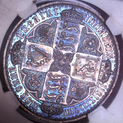 イギリス1847年ビクトリアヴィクトリア　ゴチックゴシッククラウン銀貨PF62 UNDECIMO　流麗ブルートーン