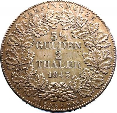 ドイツ 1843年フランクフルト　　2ターラー(3 1/2グルデン)　大型　銀貨　人気イーグルレリーフ