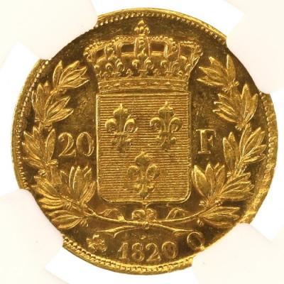 フランス　1820年銘Q　20フラン金貨　ルイ18世　NGC AU58
