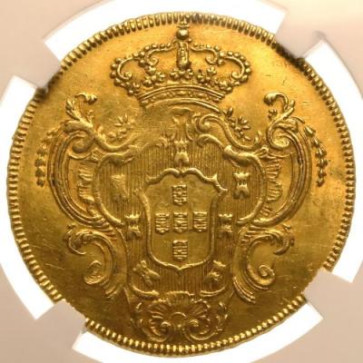 ブラジル　1785年R　マリア1世・ペドロ3世　6400レイス金貨　NGC AU53