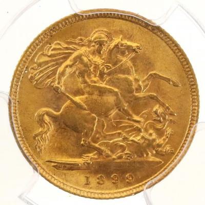 イギリス 1899年　1/2ソブリン金貨　ヴィクトリア　ヴェールドヘッド　PCGS　AU58