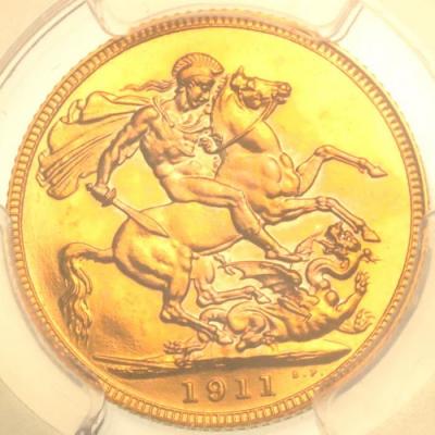 イギリス　1911年　ジョージ5世　1ソブリン プルーフ金貨　PCGS　PR66CAMEO