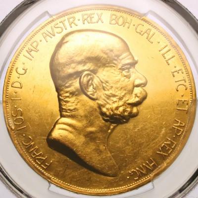 オーストリア　1908年銘　100Corona大型金貨　在位60年記念　”雲上の女神”　PCGS AU58